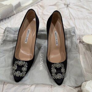 Manolo Blahnik Hangisi 105 Black Satin Crystal Buckle Pumps
